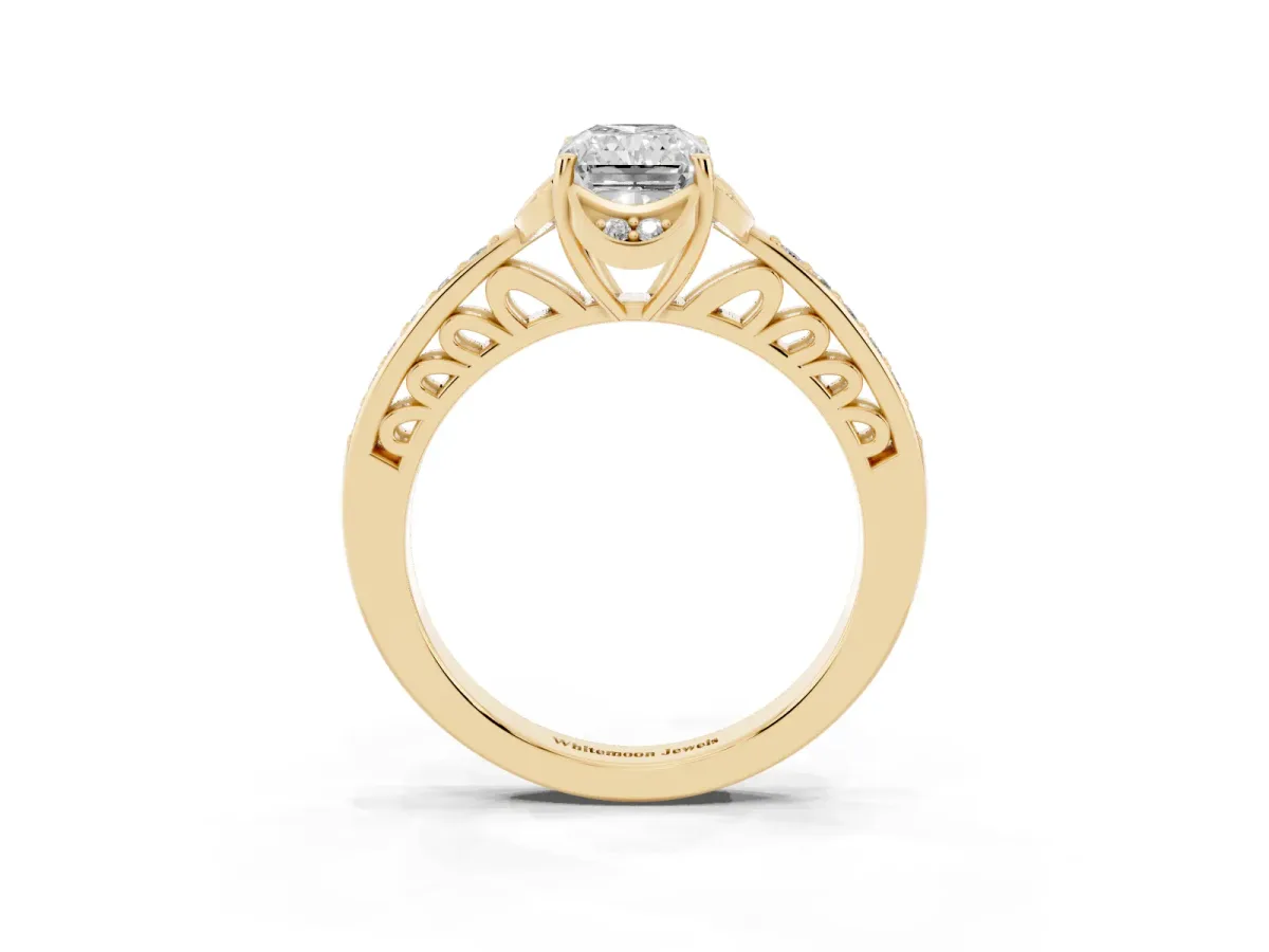 Radiant Cut Cut Halo Diamond Ring with Channel Set Band and Four-Prong Setting Yellow gold