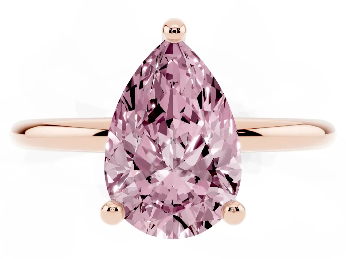 Fancy Pink Pear Cut Solitaire Diamond Ring with 4-Prong Setting on a Classic Band Rose gold