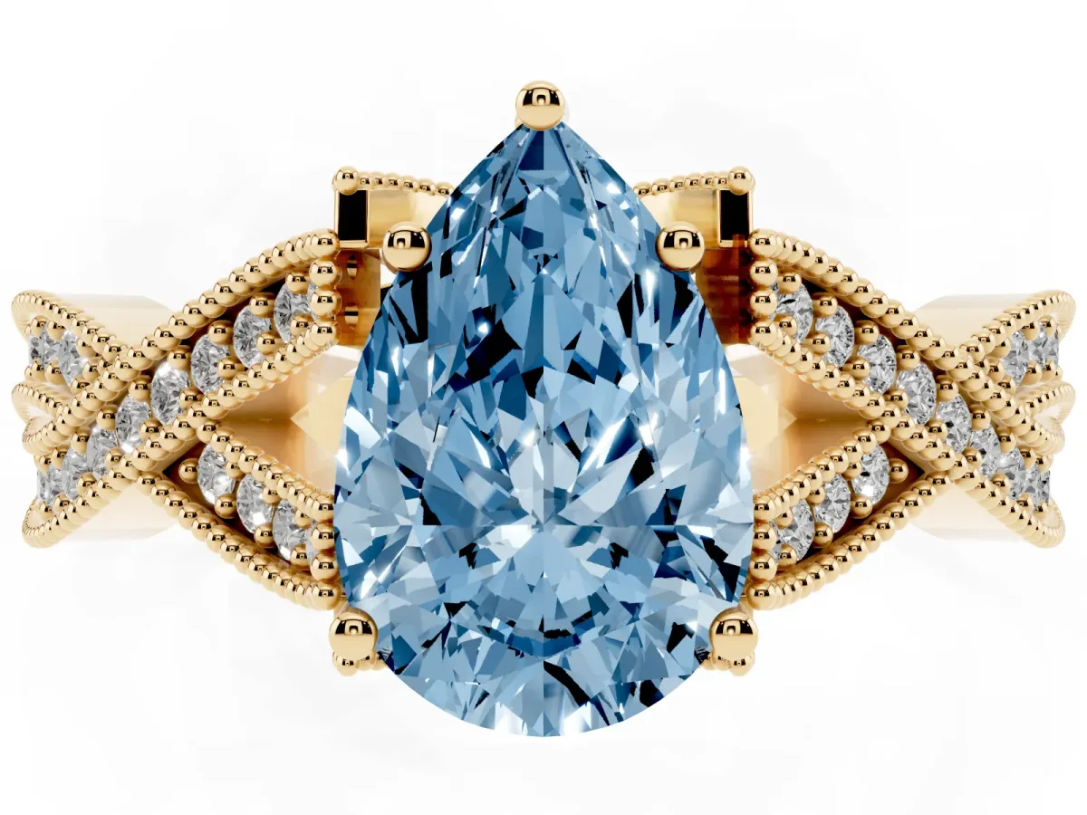 Fancy Blue Pear Cut Cut Diamond Twisted Band with Milgrain Pave Setting and Four-Prong Setting Yellow gold
