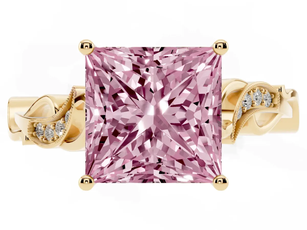 Fancy Pink Princess Cut Solitaire Vine Band with Milgrain Prong Setting Yellow gold