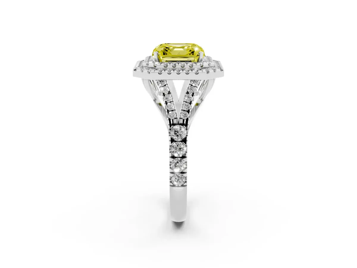 Fancy Yellow Asscher Cut Diamond Pavé Split Shank Double Halo Engagement Ring Platinum