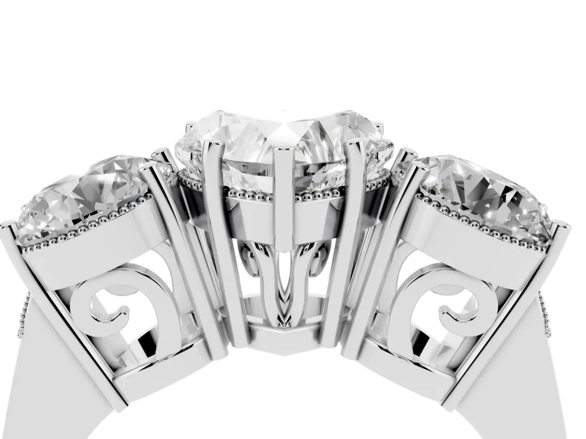 Three-Stone Heart Cut Diamond Engagement Ring with Prong Setting on a Classic Band Silver