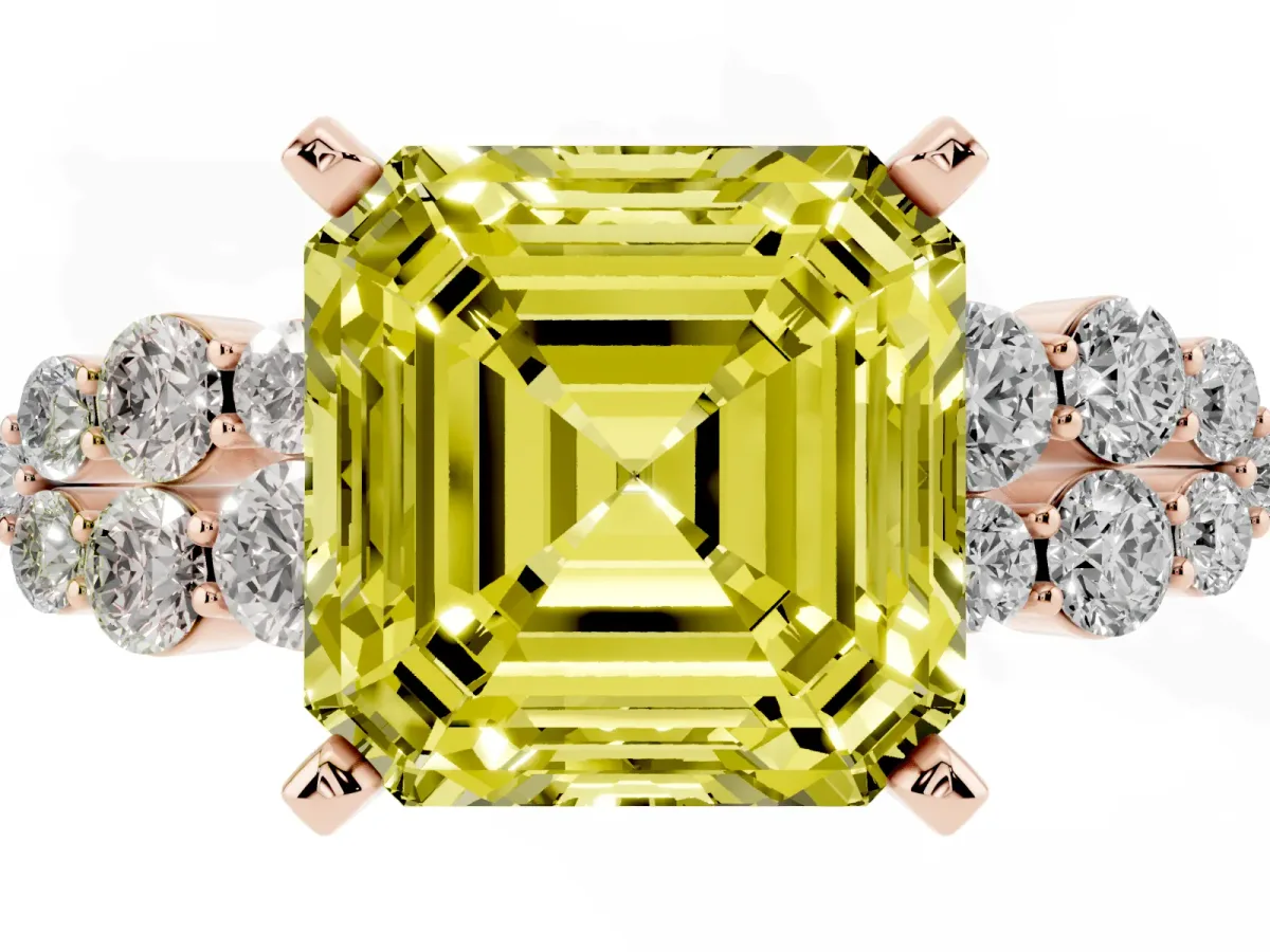Fancy Yellow Asscher Cut Cluster Diamond Engagement Ring with Pavé Band and Four-Prong Setting Rose gold