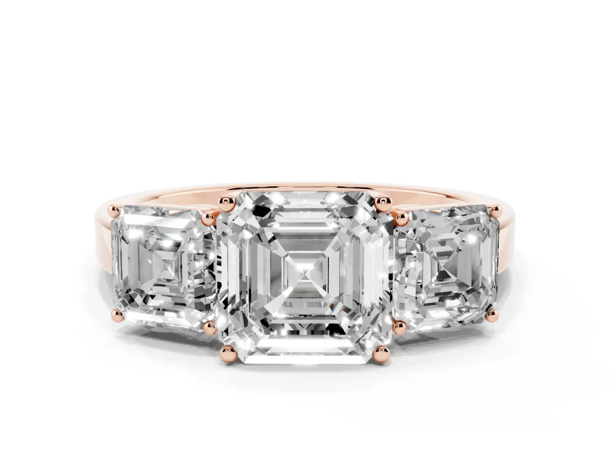 Three-Stone Asscher Cut Cut Diamond Engagement Ring with Flat Band and Four-Prong Setting Rose gold