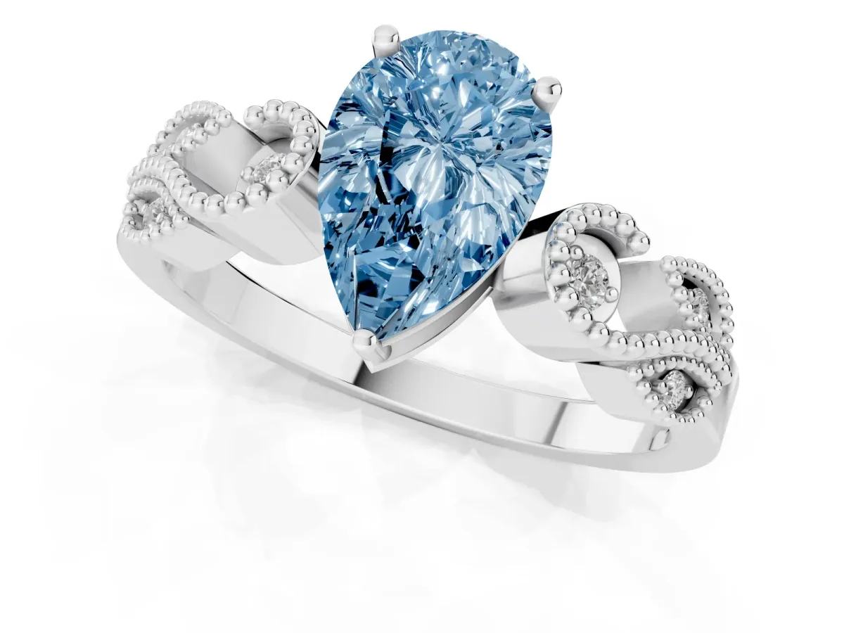 Fancy Blue Pear Cut Solitaire Milgrain Leaf Band with Prong Setting Silver