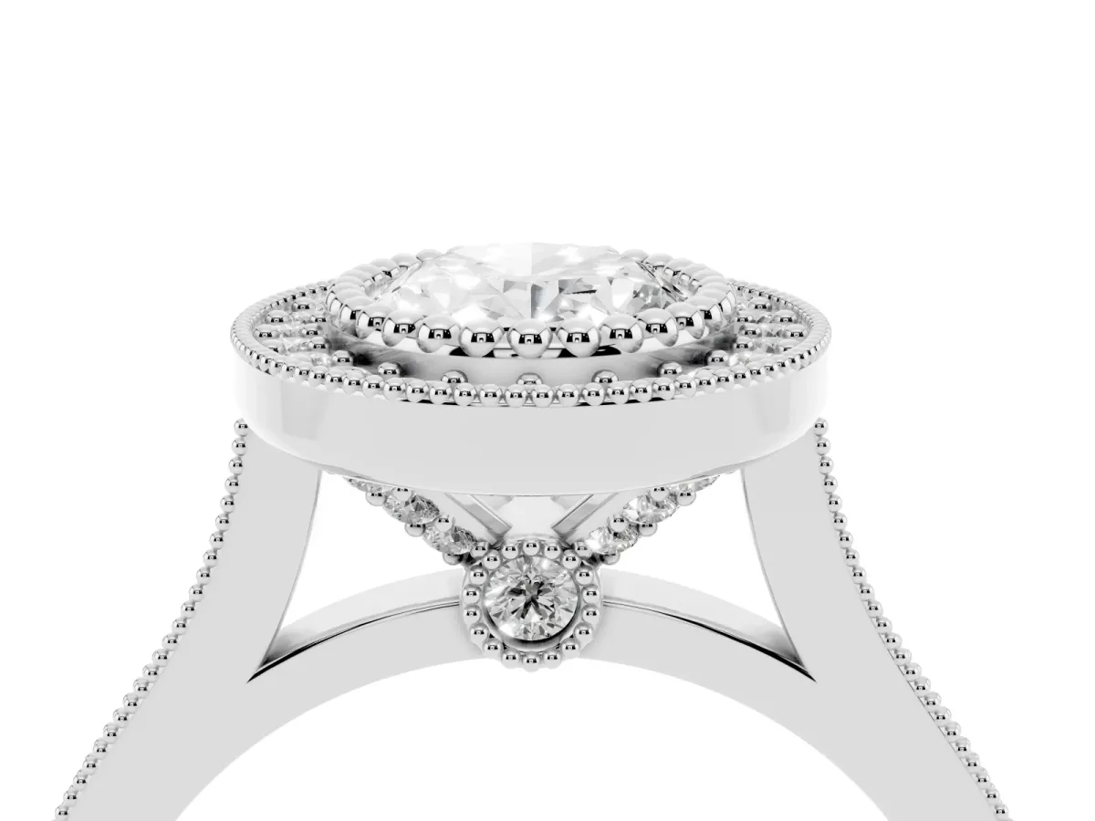 Oval Cut Diamond Halo Ring with Milgrain Frame and Pavé Band Silver