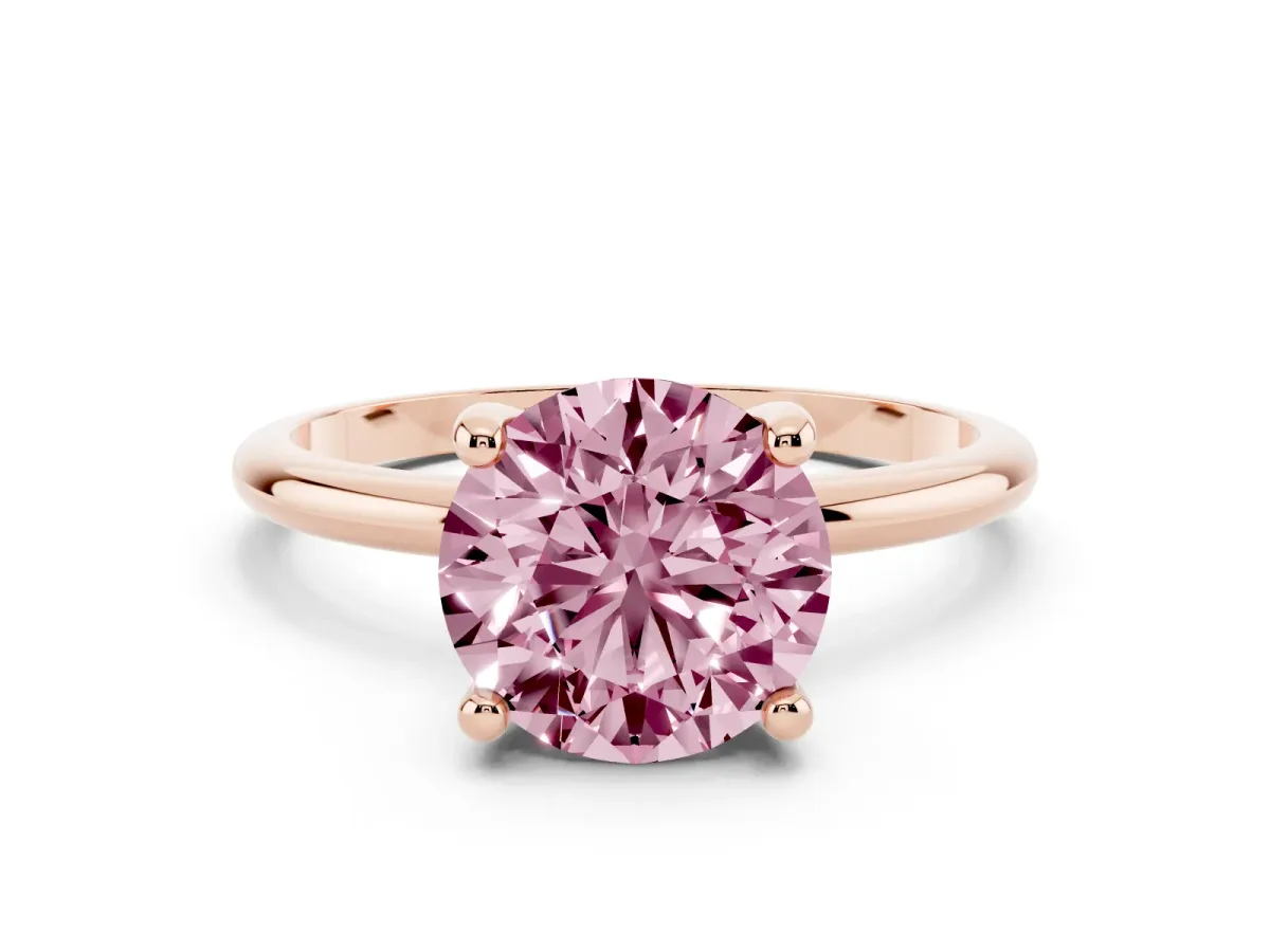 Fancy Pink Round Cut Solitaire Diamond Ring with 4-Prong Setting on a Classic Band Rose gold
