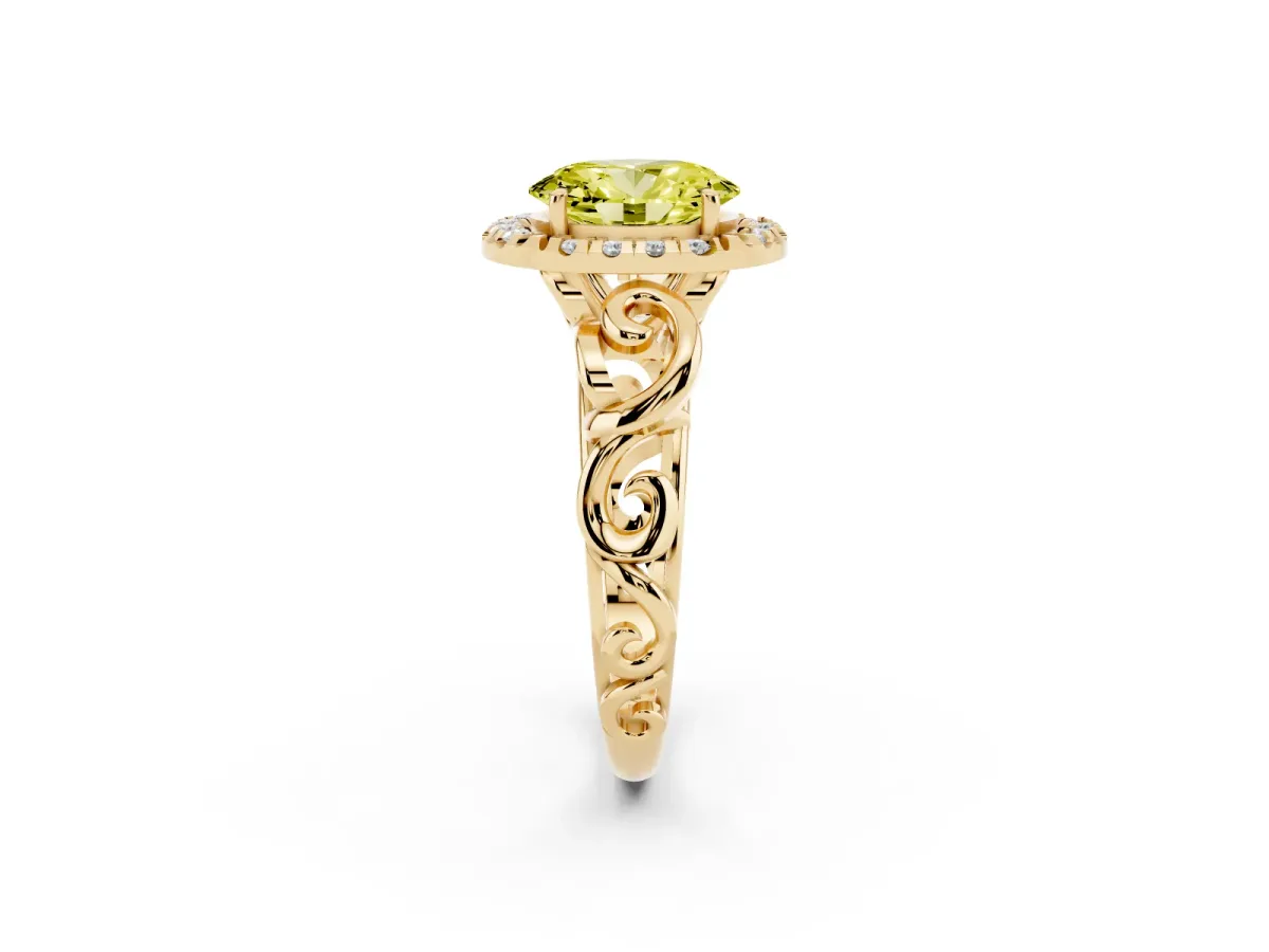 Fancy Yellow Oval Cut Cut Halo Diamond Ring with Scrollwork Band and Four-Prong Setting Yellow gold
