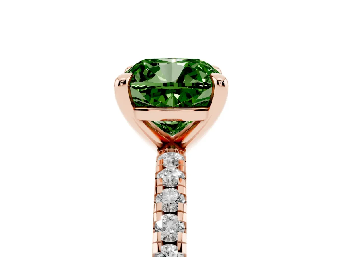 Fancy Green Cushion Cut Diamond Brilliant Solitaire Ring with Pavé Band and Four-Prong Setting Rose gold