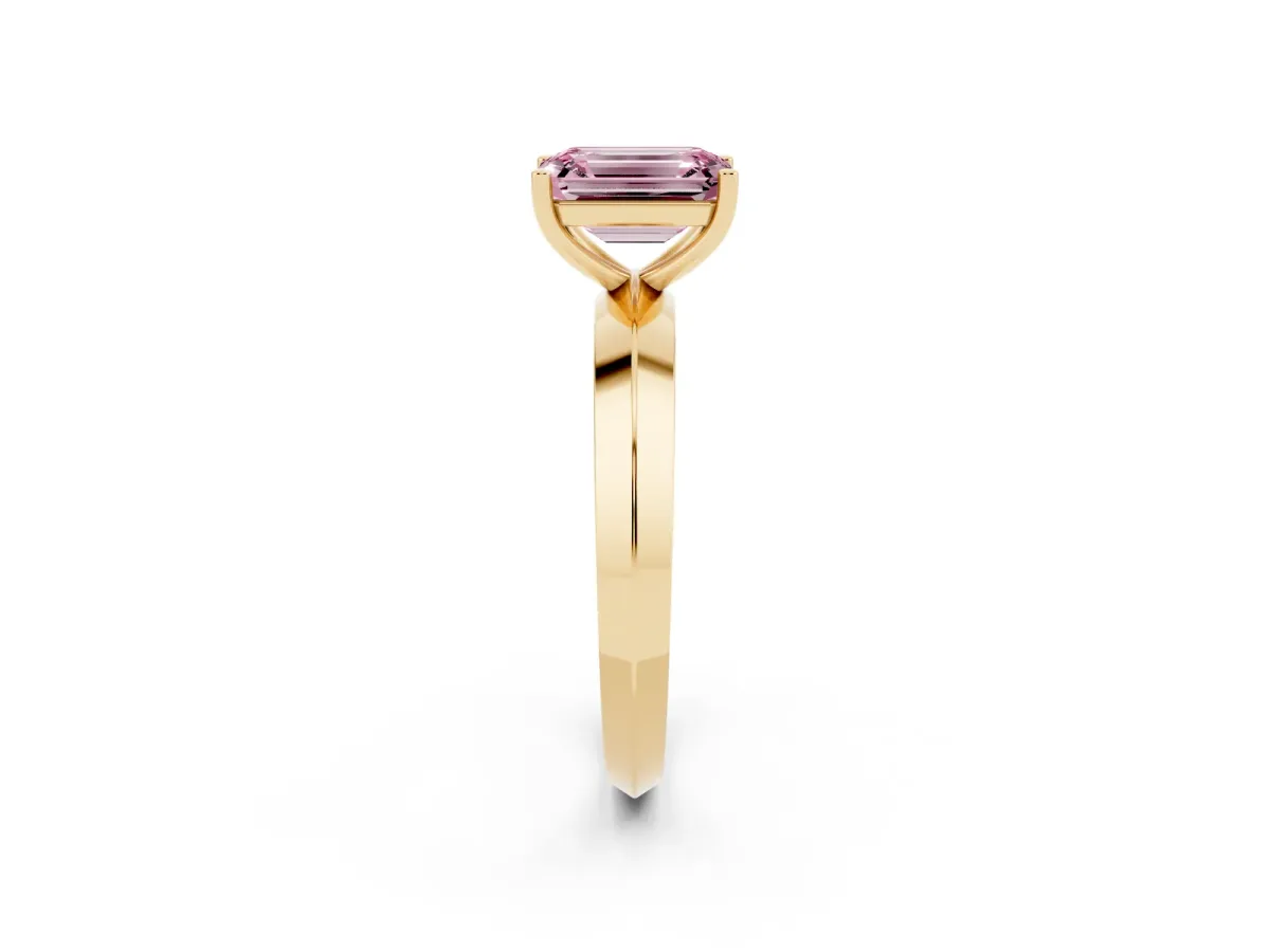 Fancy Pink Emerald Cut Cut Solitaire Engagement Ring with Flat Band and Four-Prong Setting Yellow gold