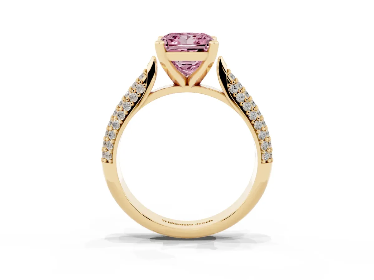 Fancy Pink Princess Cut Diamond Solitaire Engagement Ring with Multi-Row Round Pavé Band and Prong Setting Yellow gold