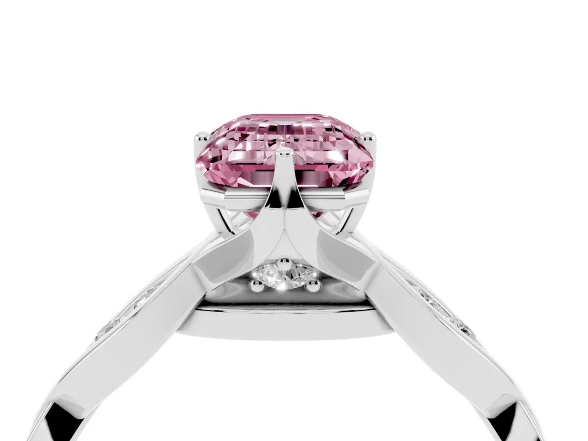 Fancy Pink Emerald Cut Solitaire Twist Band with Leaf Prong Setting White gold