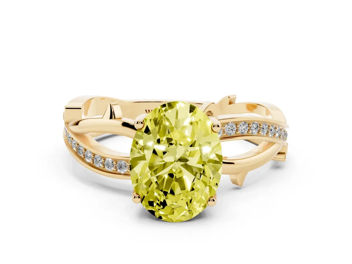 Fancy Yellow Oval Cut Solitaire Twist Band with Pavé Accents and Four-Prong Setting Yellow gold