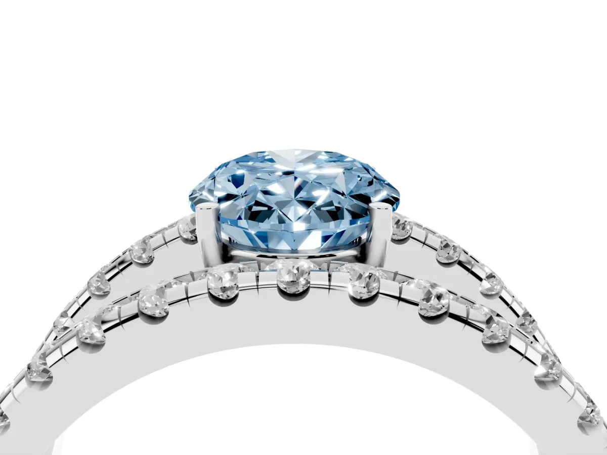 Fancy Blue Oval Cut Solitaire Split Shank Pave Diamond Ring Platinum