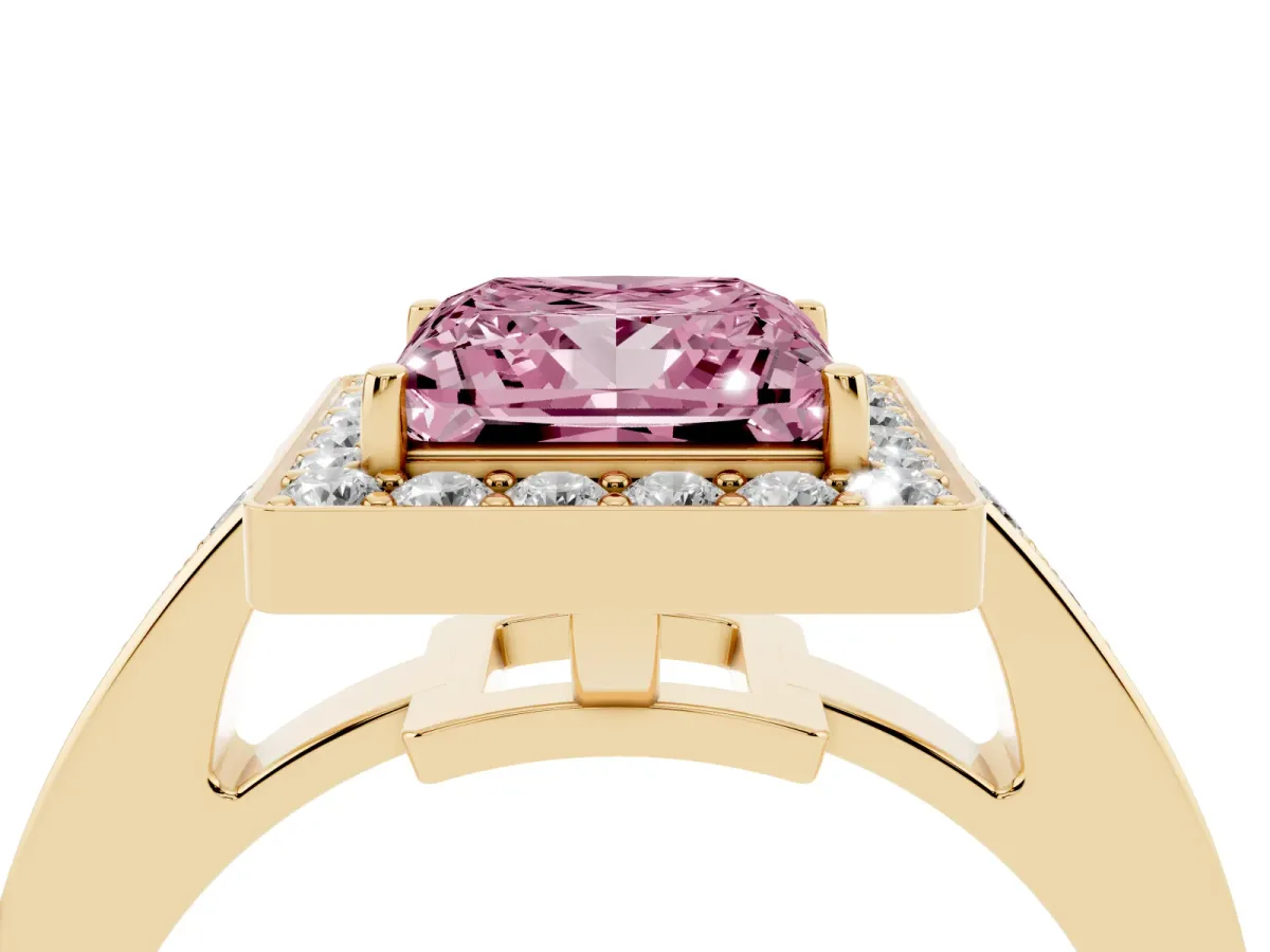 Fancy Pink Princess Cut Halo Pavé Diamond Engagement Ring with Bezel Setting Yellow gold