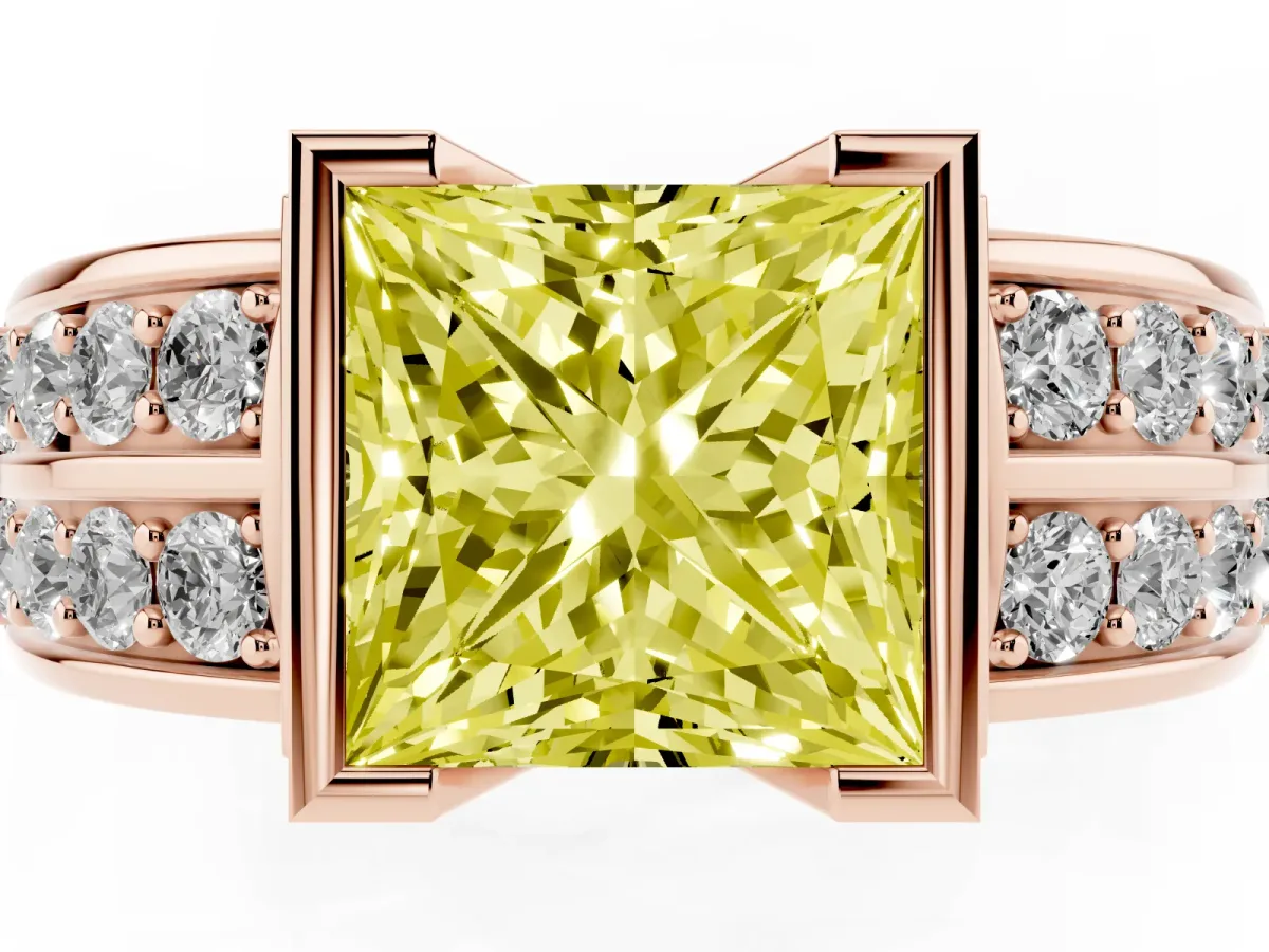 Fancy Yellow Princess Cut Brilliant Diamond Channel Set Wide Band Ring with Bezel Setting Rose gold
