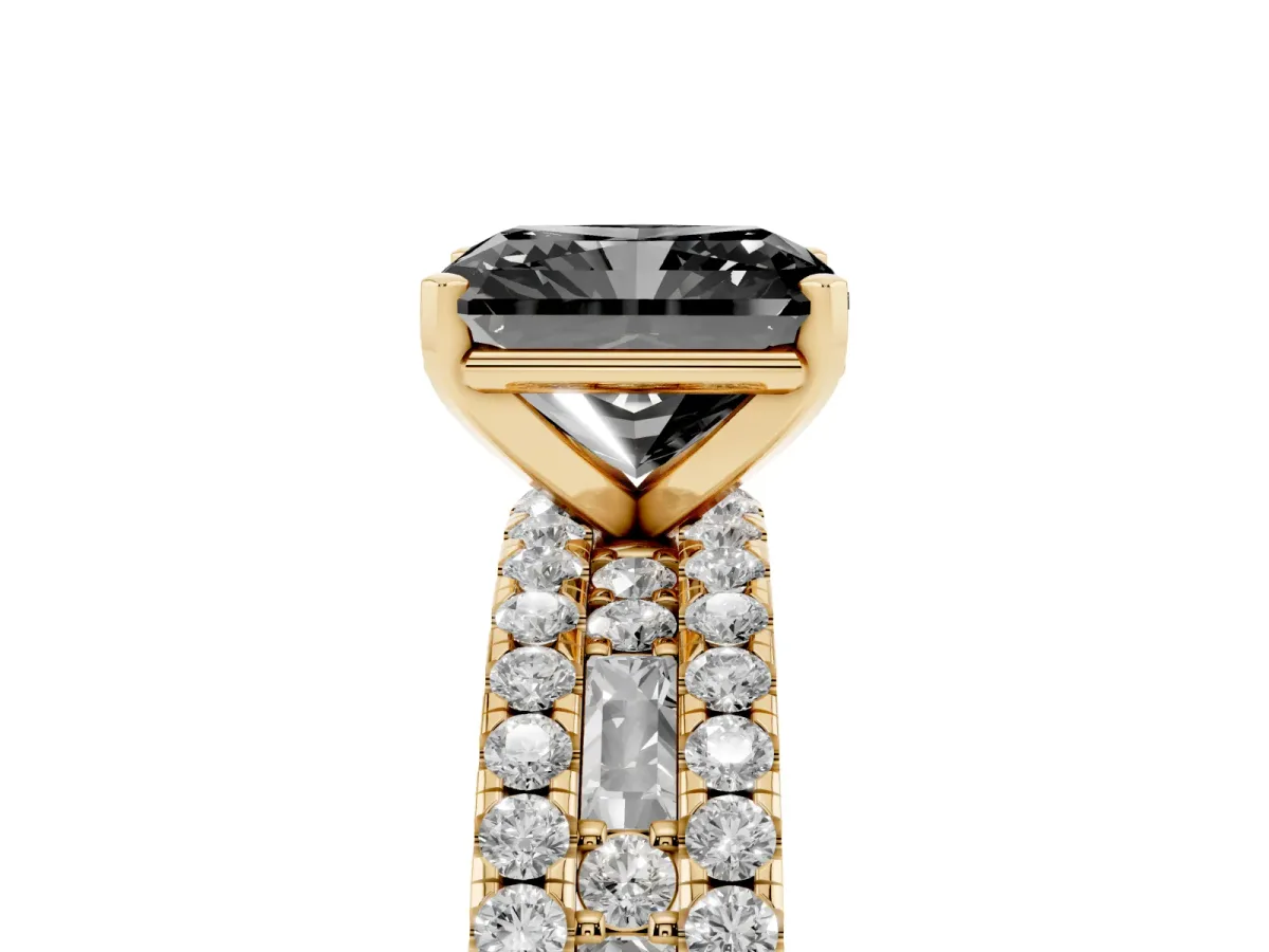 Fancy Black Radiant Cut Diamond Solitaire Ring with Pavé and Channel Set Band Yellow gold
