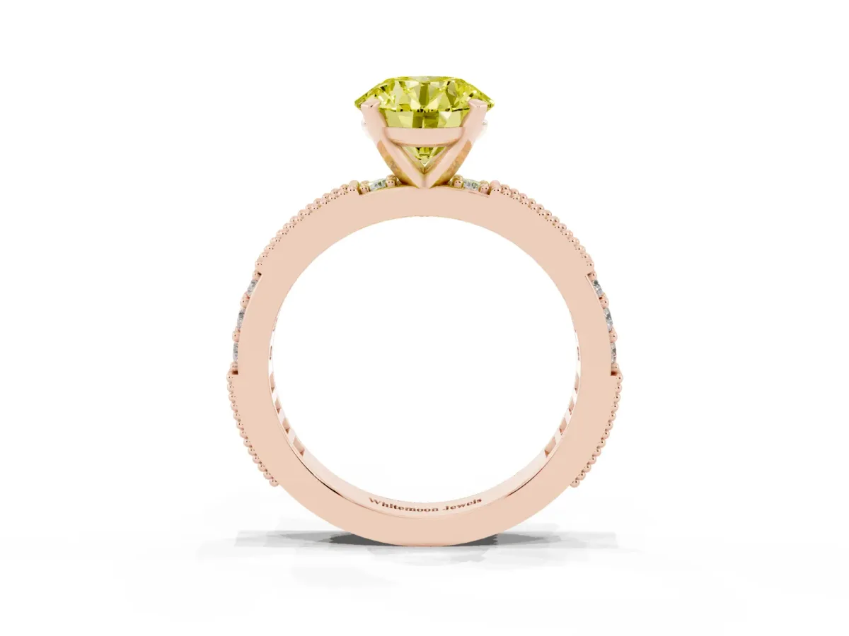 Fancy Yellow Round Cut Solitaire with Pavé Band and Four-Prong Setting Rose gold