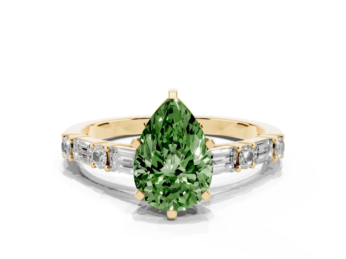 Fancy Green Pear Cut Diamond Solitaire with Side Baguettes and Channel Set Band Yellow gold