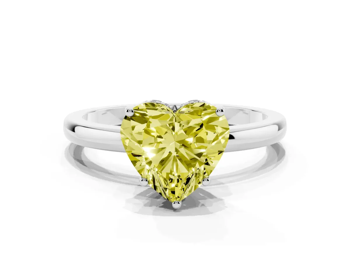Fancy Yellow Heart Cut Solitaire Diamond Ring with Prong Setting and Plain Band Platinum