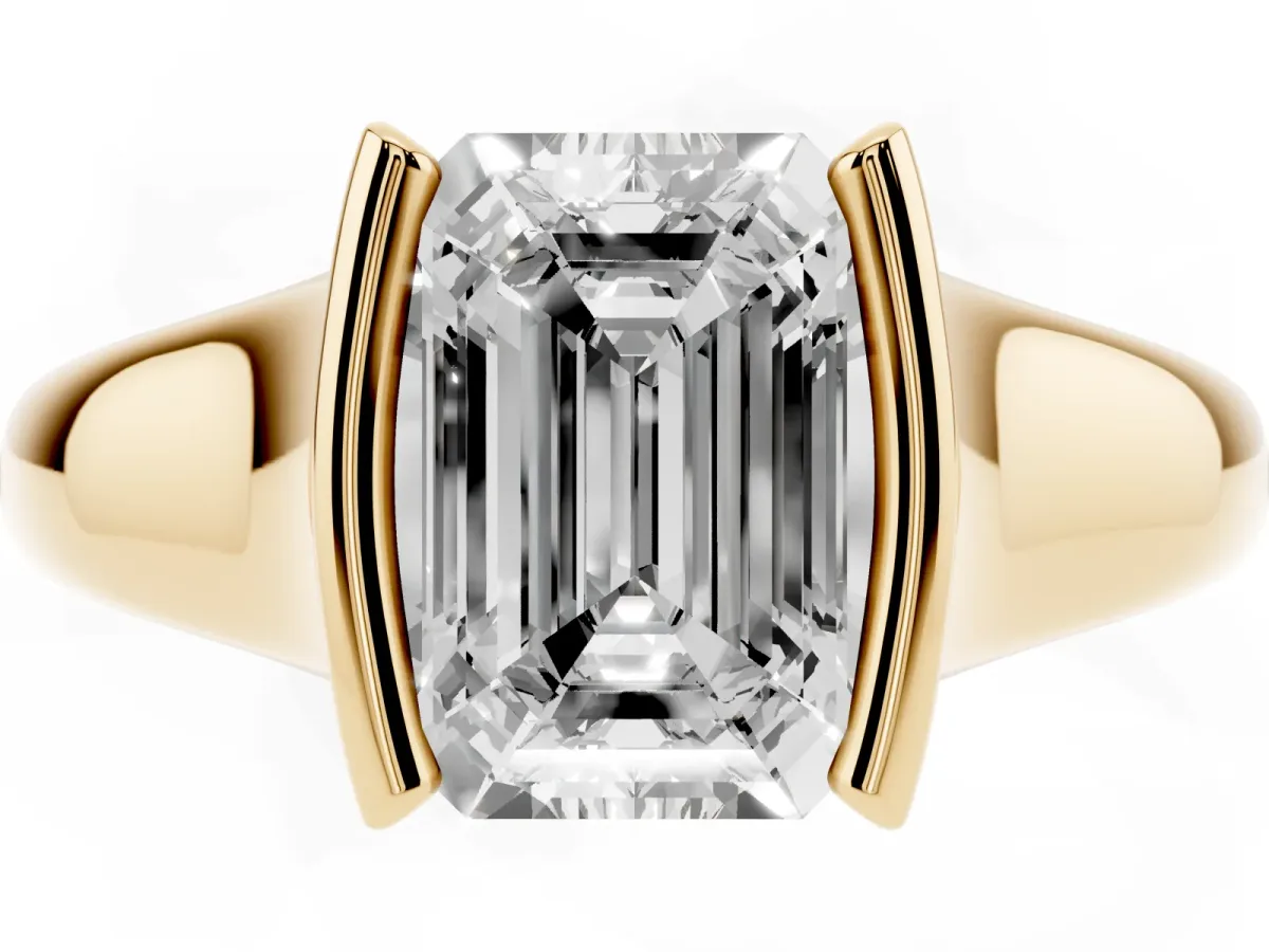 Emerald Cut Solitaire Tension Set Diamond Ring with Split Shank Band Yellow gold