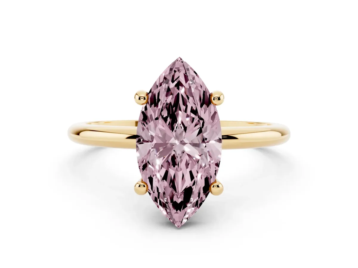 Fancy Pink Marquise Cut Solitaire Diamond Ring with 4-Prong Setting on a Classic Band Yellow gold