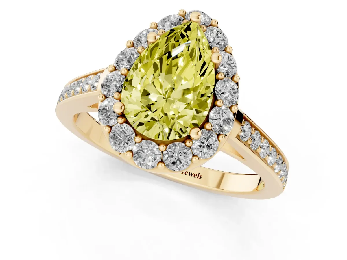 Fancy Yellow Pear Cut Diamond Floral Halo Ring with Pavé Band and Prong Setting Yellow gold