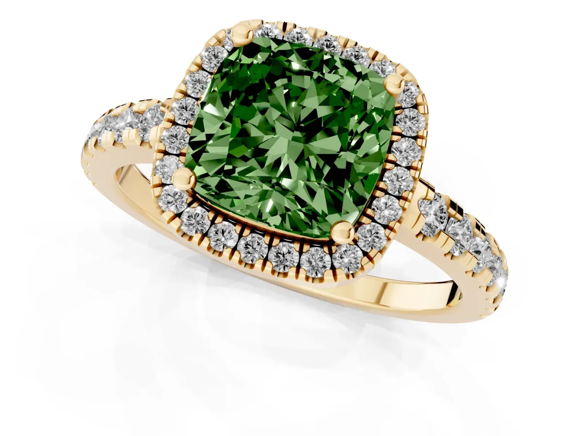 Fancy Green Cushion Cut Diamond Halo Ring with Pavé Band and Four-Prong Setting Yellow gold