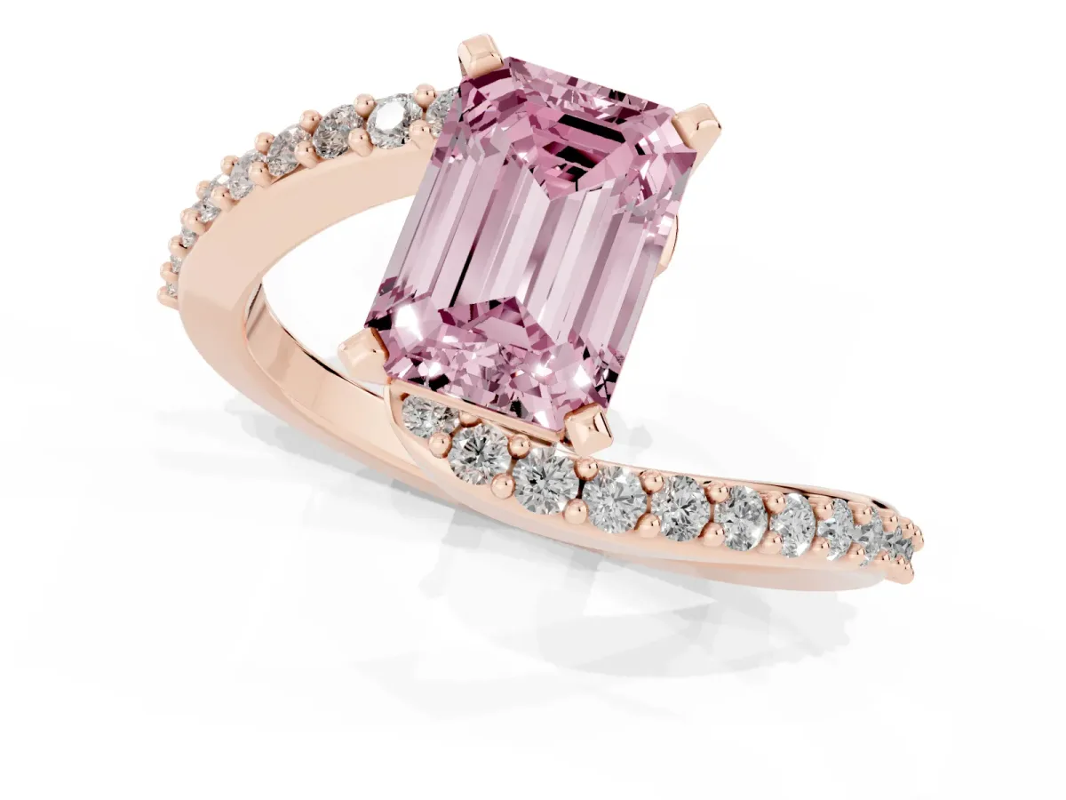 Fancy Pink Emerald Cut Solitaire Twist Band with Pave Set Diamonds and Four-Prong Setting Rose gold