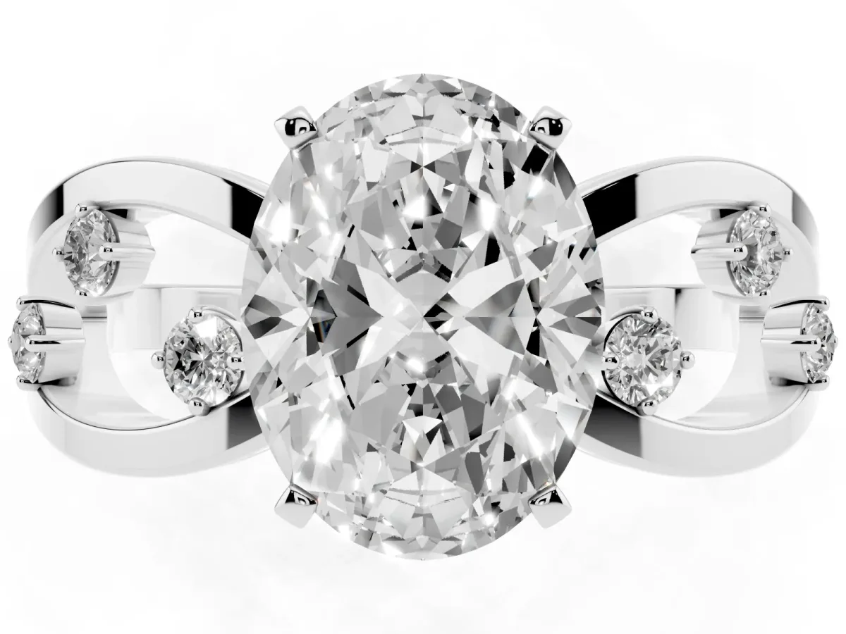 Oval Cut Cut Solitaire Diamond with Side Stones on Criss-Cross Band and Four-Prong Setting Silver