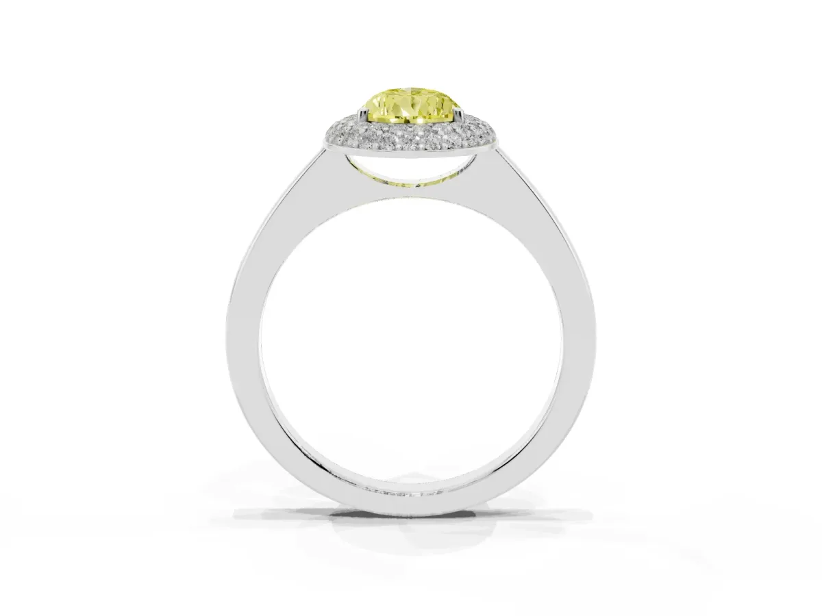 Fancy Yellow Pear Cut Halo Diamond Engagement Ring with Solitaire Band and Four-Prong Setting White gold
