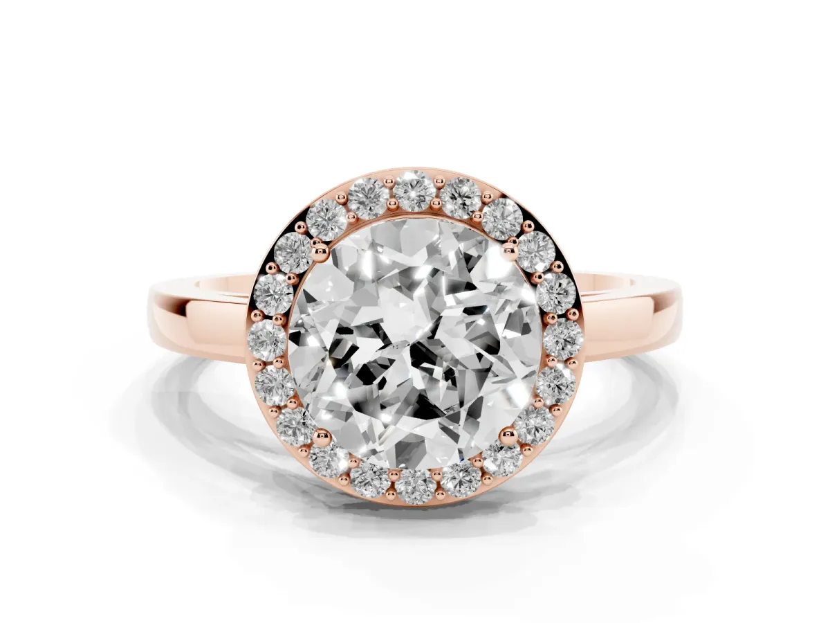 Round Cut Halo Diamond Ring with Solitaire Band and Prong Setting Rose gold