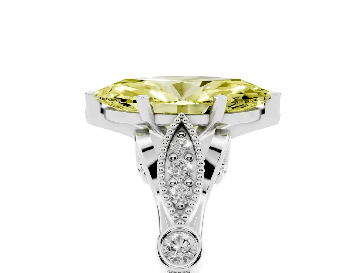 Fancy Yellow Marquise Cut Cut Diamond with Milgrain Marquise and Bezel Accents on a Solitaire Band with Prong Setting Silver