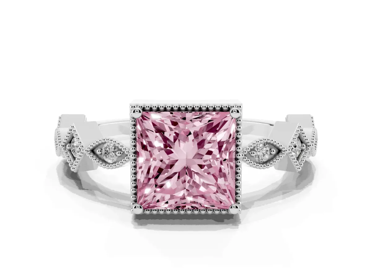 Fancy Pink Princess Cut Milgrain Marquise Diamond Twist Band Ring Silver