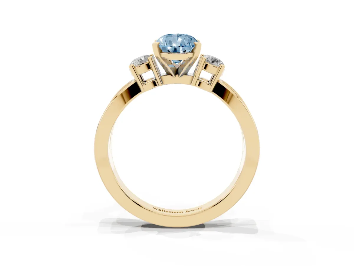 Fancy Blue Three-Stone Pear Cut Cut Diamond Twist Band with Prong Setting Yellow gold