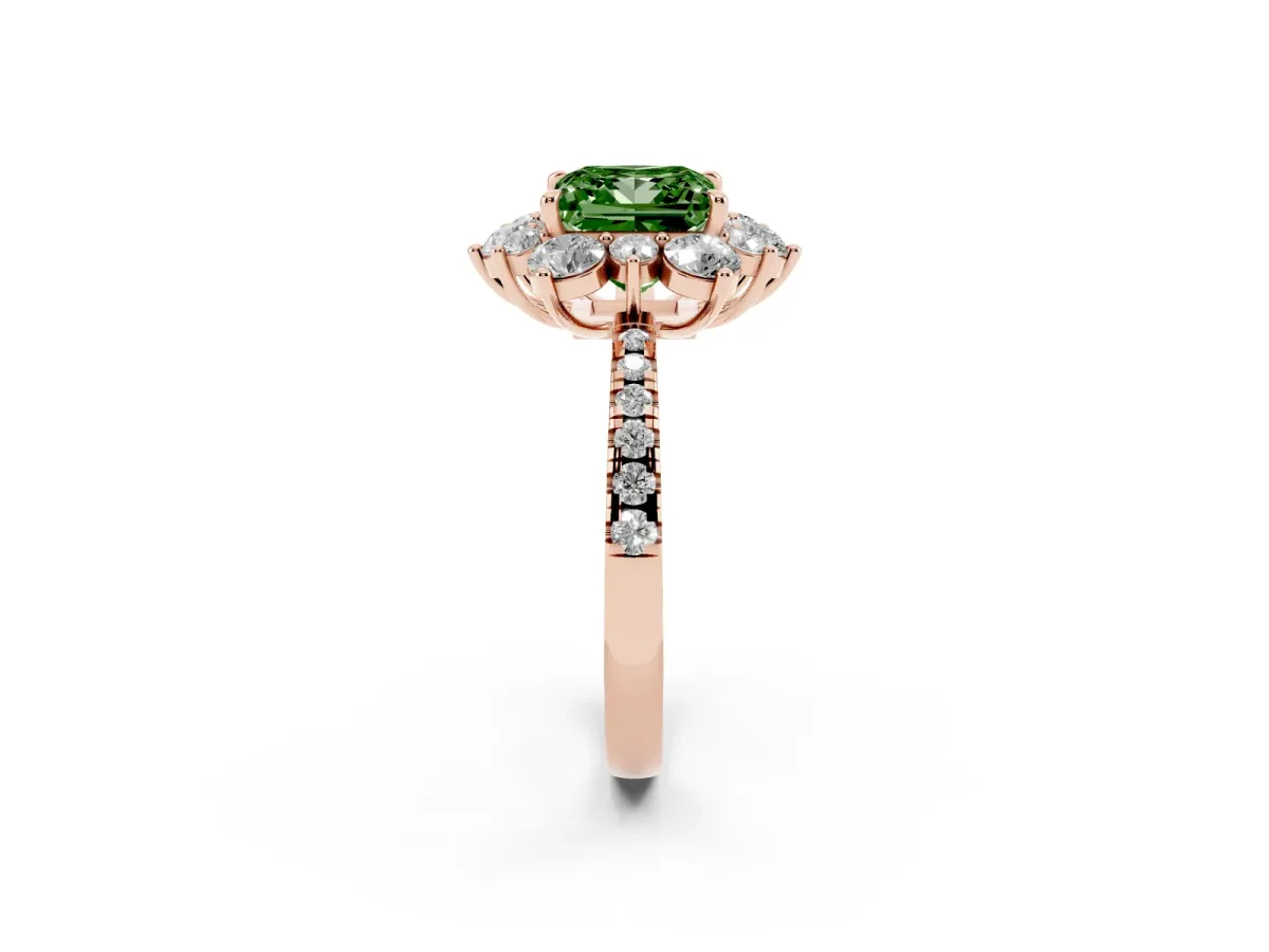 Fancy Green Princess Cut Diamond Floral Halo Ring with Round Pavé Band and Prong Setting Rose gold
