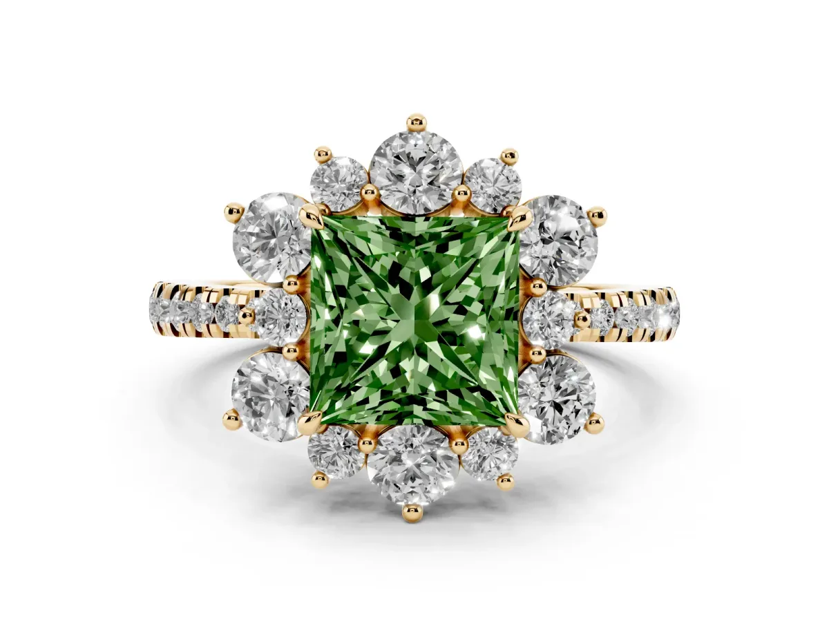 Fancy Green Princess Cut Diamond Floral Halo Ring with Round Pavé Band and Prong Setting Yellow gold