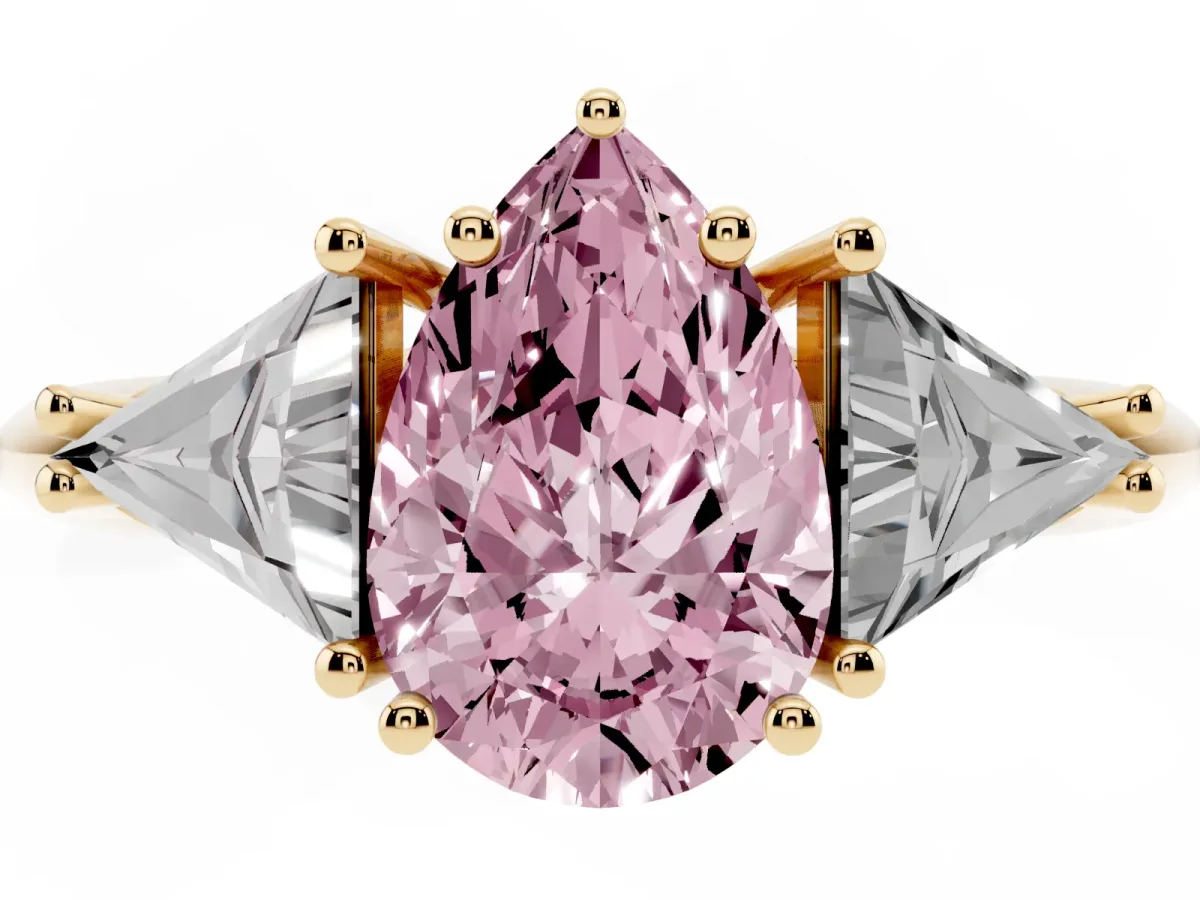 Fancy Pink Three-Stone Pear Cut Diamond Engagement Ring with Trillion Side Stones and Prong Setting Yellow gold