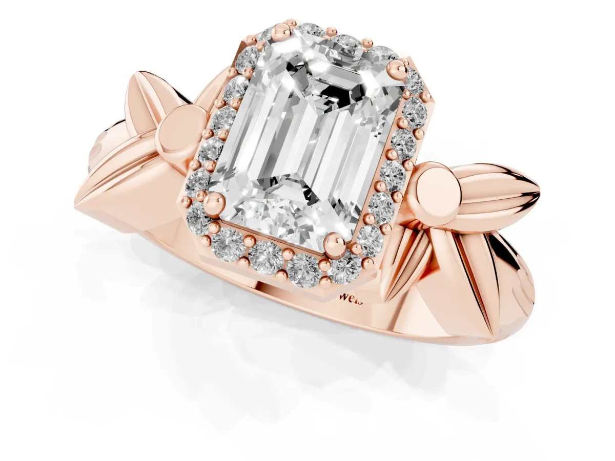 Emerald Cut Halo Diamond Floral Band with Four-Prong Setting Rose gold