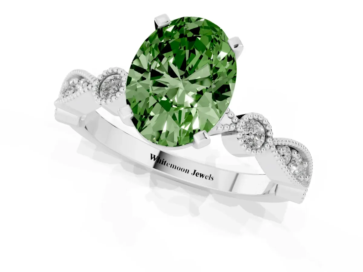 Fancy Green Oval Cut Milgrain Bezel Diamond Engagement Ring with Solitaire Prong Setting Platinum