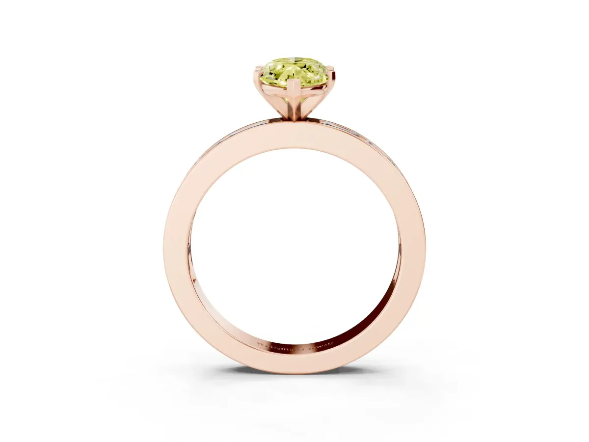 Fancy Yellow Marquise Cut Solitaire Diamond Ring with Channel-Set Baguette Band and Four-Prong Setting Rose gold