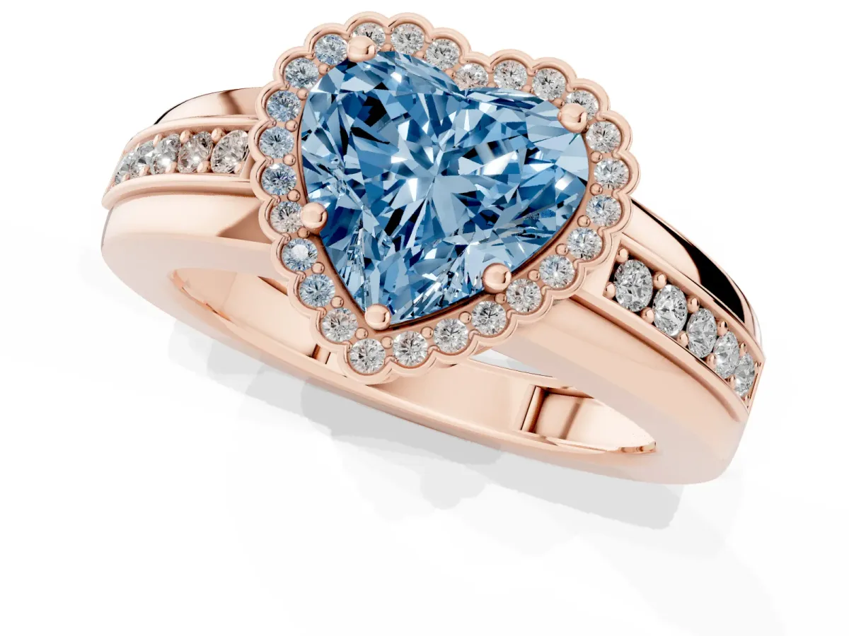 Fancy Blue Heart Cut Cut Halo Pave Band Four-Prong Ring Rose gold