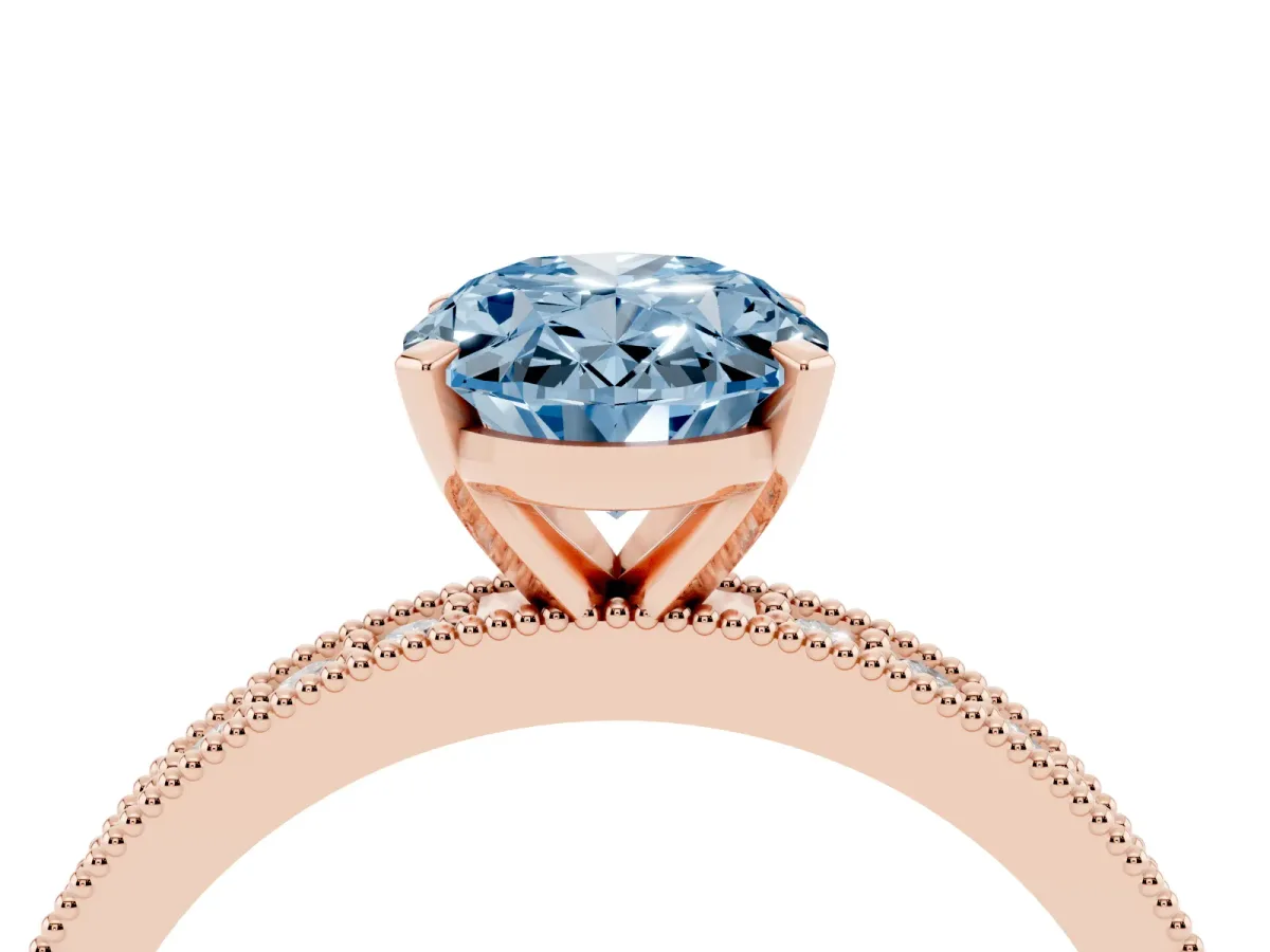 Fancy Blue Oval Cut Diamond Milgrain Pavé Engagement Ring with Four-Prong Setting Rose gold