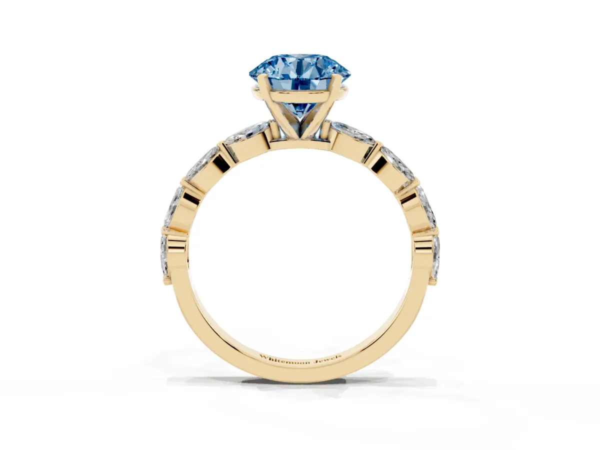 Fancy Blue Round Cut Diamond Ring with Marquise Side Stones and Prong Setting Yellow gold