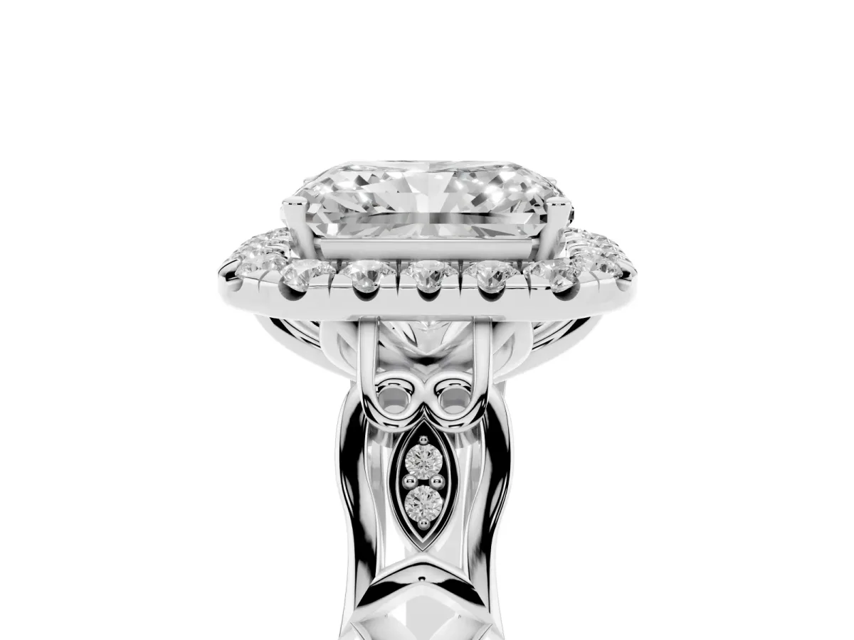 Radiant Cut Halo Diamond Engagement Ring with Filigree Band and Four-Prong Setting Silver