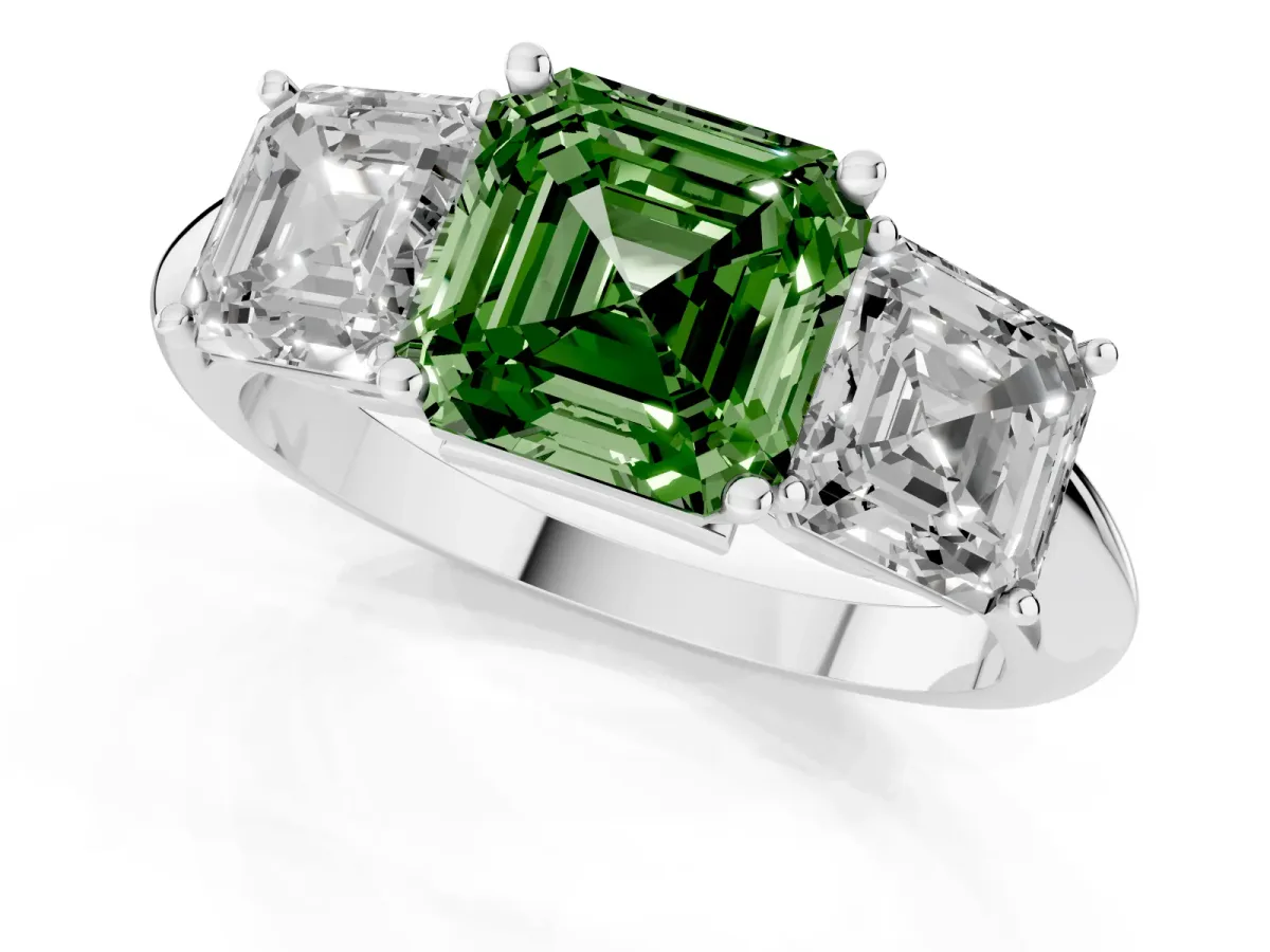 Fancy Green Three-Stone Asscher Cut Cut Diamond Engagement Ring with Prong Setting on a White Gold Band White gold
