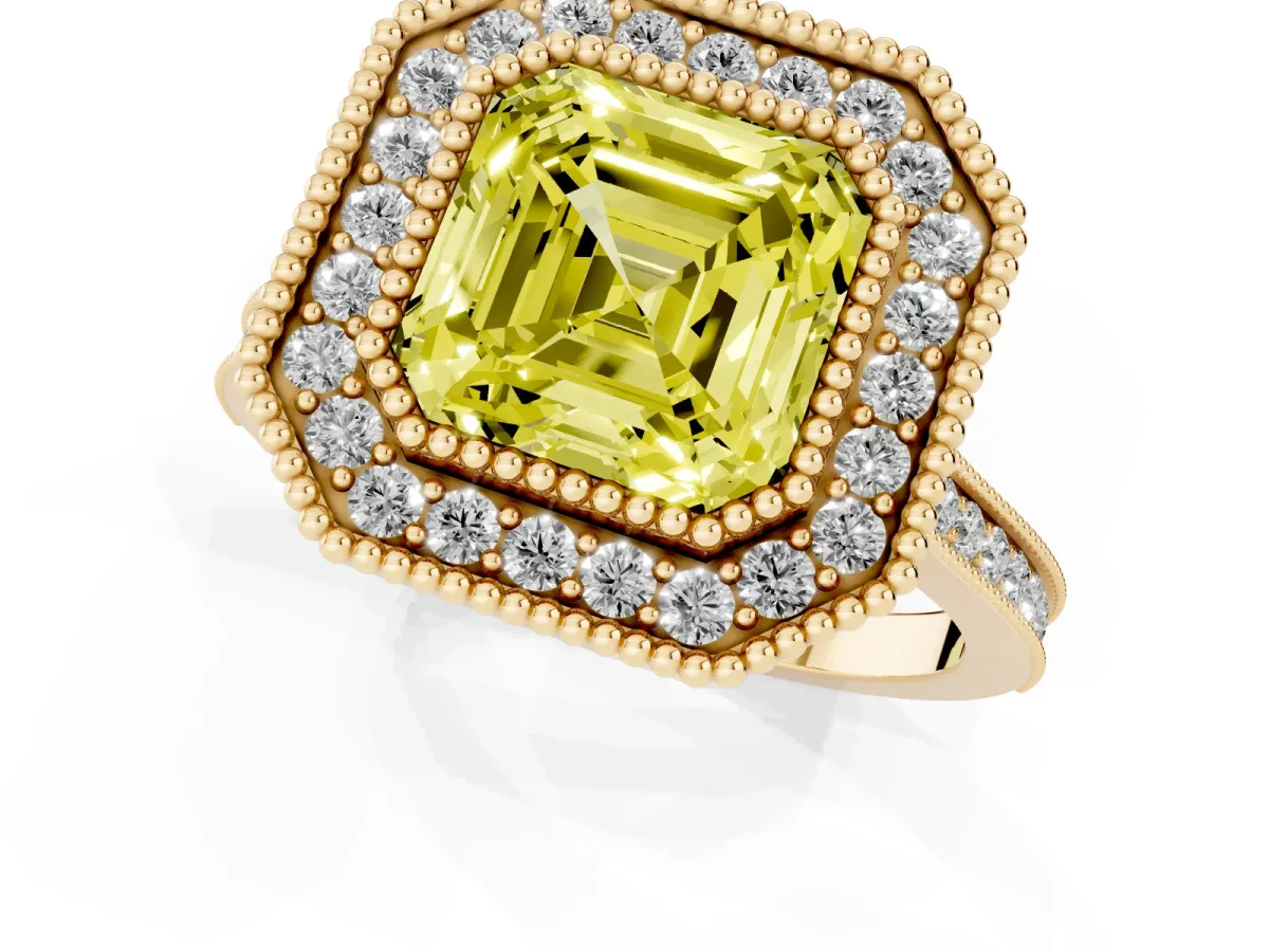 Fancy Yellow Asscher Cut Diamond Halo Ring with Milgrain Frame and Pavé Band Yellow gold