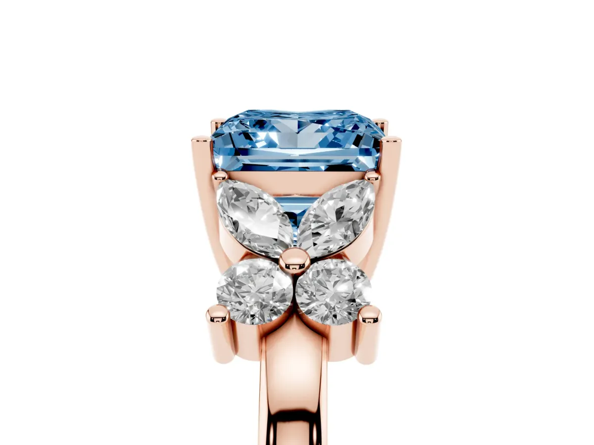 Fancy Blue Princess Cut Diamond Floral Cluster Ring with Solitaire Band and Prong Setting Rose gold
