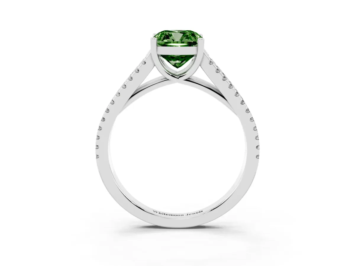 Fancy Green Cushion Cut Diamond Solitaire Engagement Ring with Split Shank Pavé Band Silver