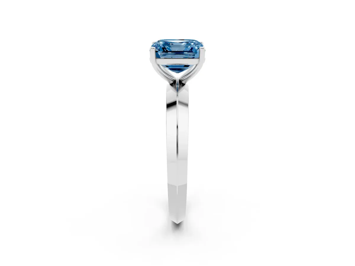 Fancy Blue Asscher Cut Cut Solitaire Engagement Ring with Flat Band and Four-Prong Setting Silver